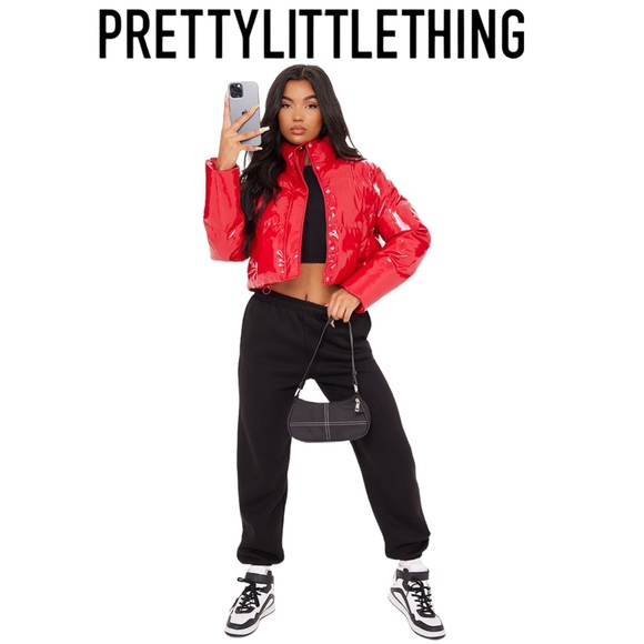 ⤵️🆕PRETTY LITTLE THING Red Vinyl Bubble Puffer Jacket - Picture 7 of 11